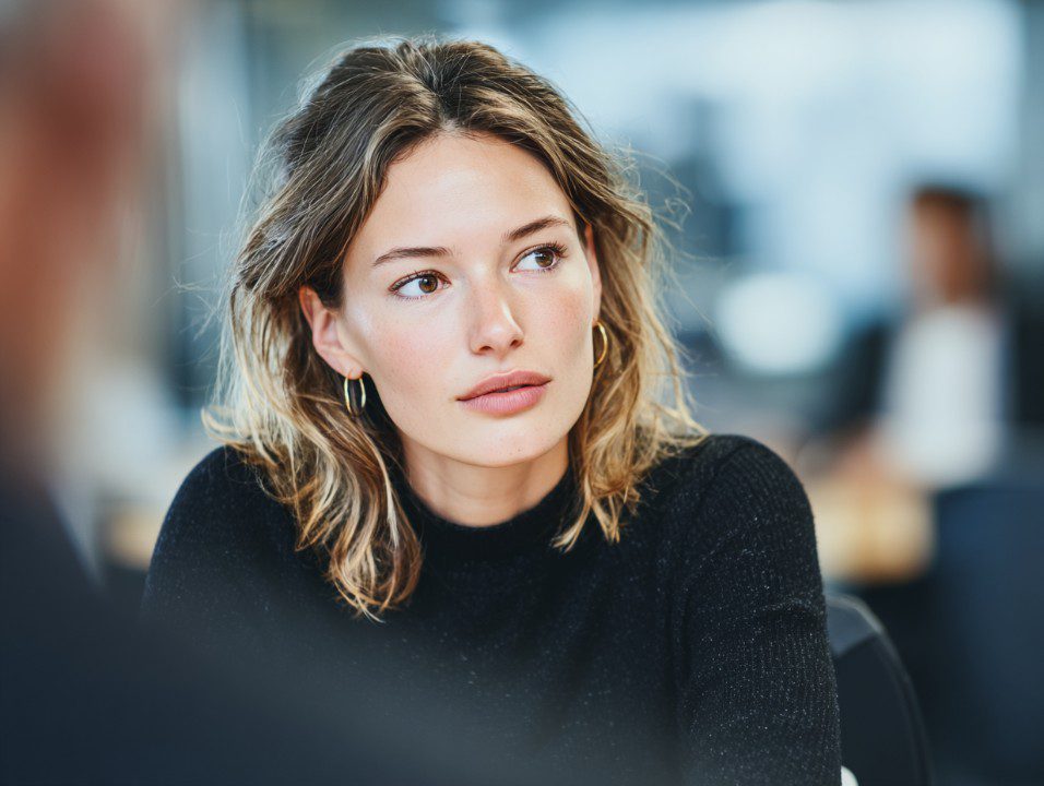 Professional portrait of a young woman in a black sweater, listening attentively during a business meeting.