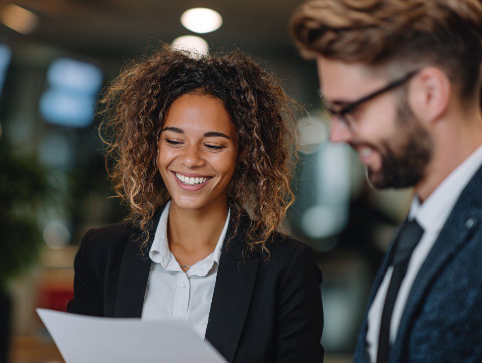 Smiling businesswoman in a black blazer meeting with a client in an office, holding a document.