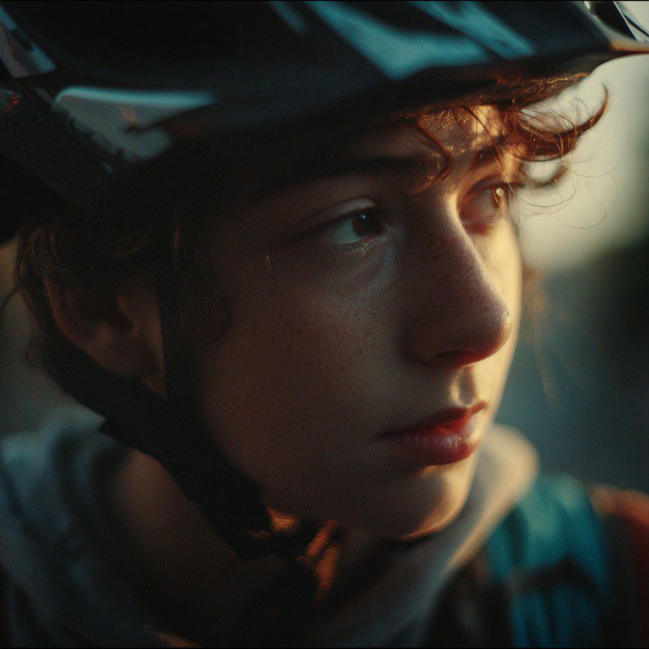 Cinematic close-up of a thoughtful teenager wearing a bike helmet in warm evening light.