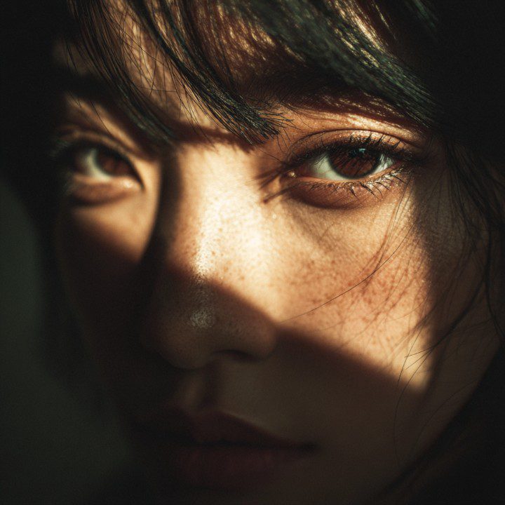 Artistic close-up of a woman’s face with dramatic shadows and light highlighting her brown eyes and freckles.