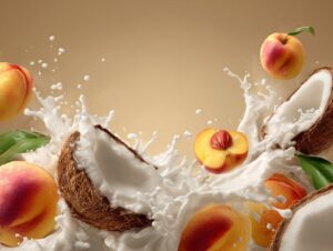 Fresh coconuts and ripe peaches splashing into creamy milk against a warm background.