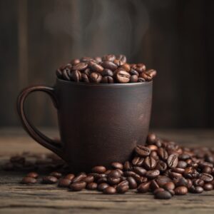 Rustic brown coffee cup overflowing with roasted coffee beans on a wooden table.