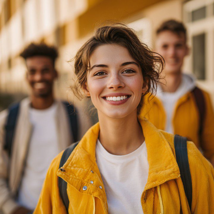 Close-up of smiling college students walking on campus, with a young woman in a yellow jacket in focus.