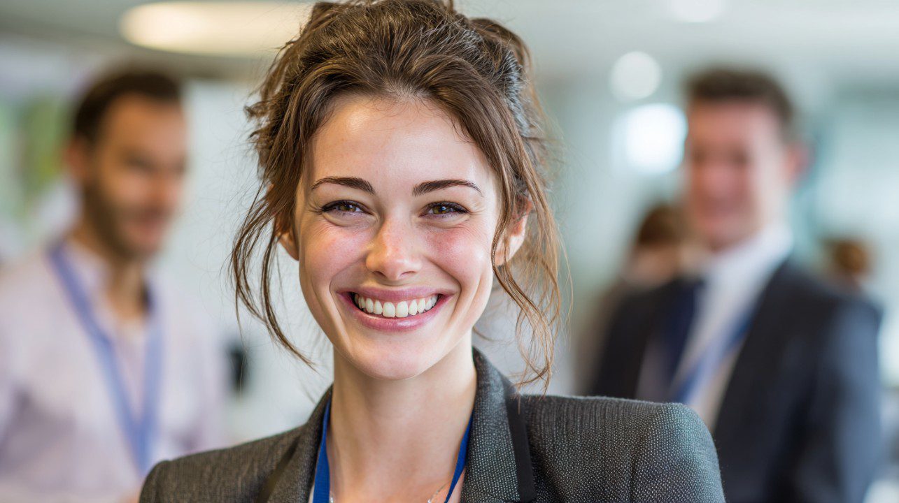 Confident young businesswoman smiling at a networking event.