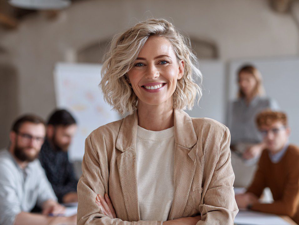 Smiling professional woman standing confidently with arms crossed in a modern office with team members in the background.