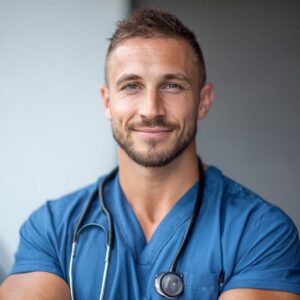 Smiling male nurse in blue scrubs with stethoscope, symbolizing professionalism, compassion, and dedication in healthcare.