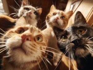 Four cats peering down at a camera with whiskers and eyes in sharp focus.