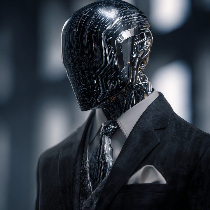 Futuristic humanoid robot with a black suit and tie, featuring a metallic circuit-patterned head.