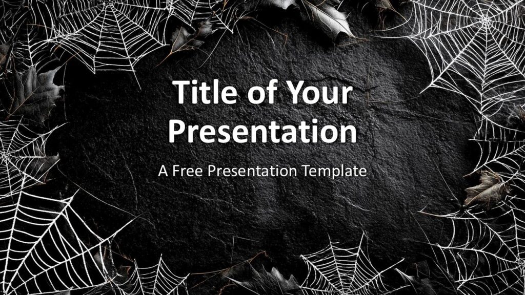 Dark Web Halloween Cover Slide for PowerPoint & Google Slides Dark stone background with cobweb corners and scattered leaves, ideal for Halloween presentations in PowerPoint and Google Slides.