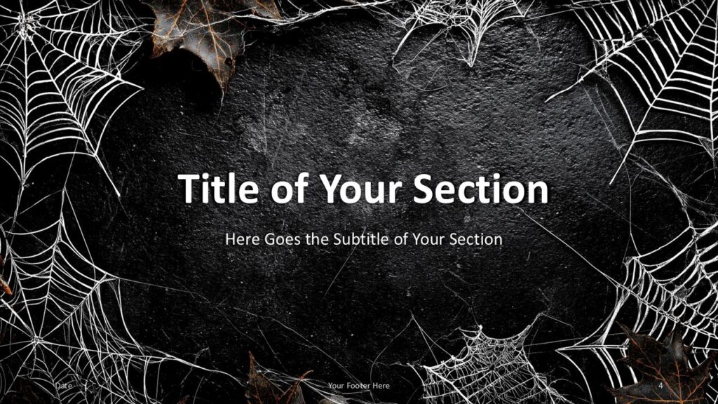 Dark Web Halloween Section Slide Option 1 for PowerPoint & Google Slides Section divider with symmetrical cobweb borders and dark textures, designed for spooky transitions in presentations.
