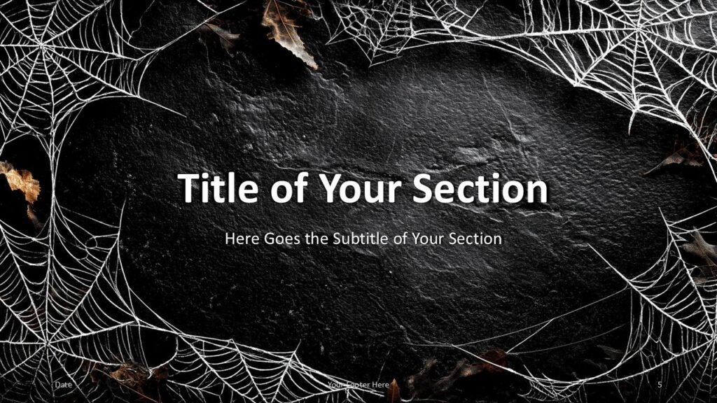 Dark Web Halloween Section Slide Option 2 for PowerPoint & Google Slides Section break slide with cobweb emphasis in lower corners, featuring centered titles on a dark Halloween-themed background.