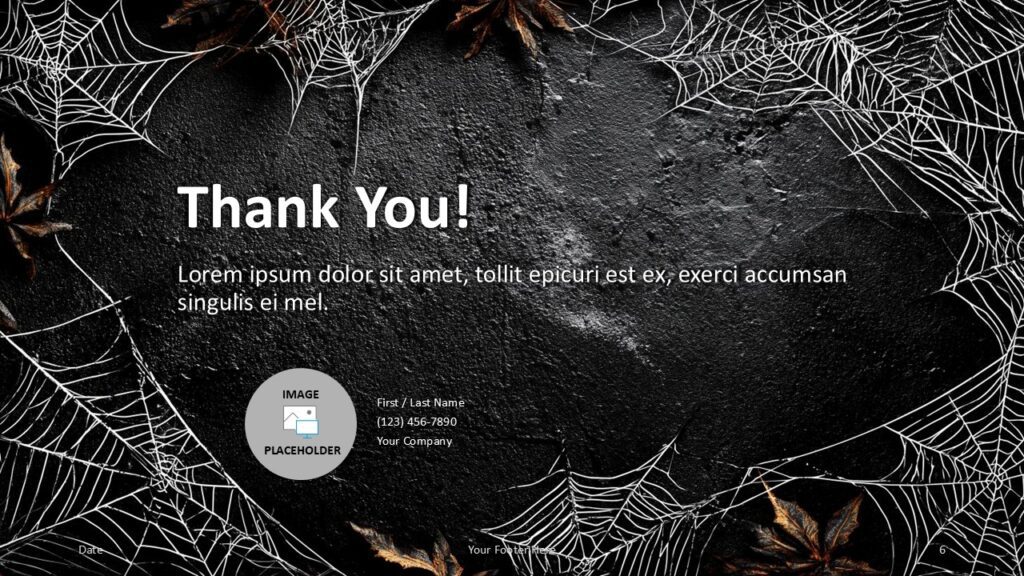 Dark Web Halloween Thank You Slide Template for PowerPoint & Google Slides Spooky thank-you slide with dark stone, cobwebs, and leaves, including image and contact placeholders for presentations.
