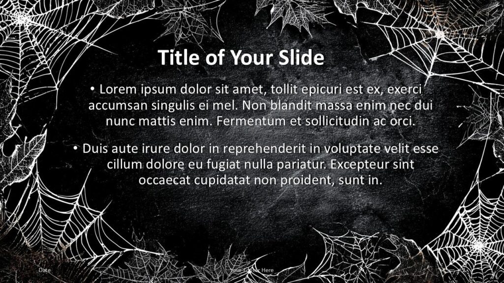 Dark Web Halloween Title and Content Slide Option 1 for PowerPoint & Google Slides Halloween content slide with dark stone texture and framed cobweb layout, designed for PowerPoint and Google Slides use.