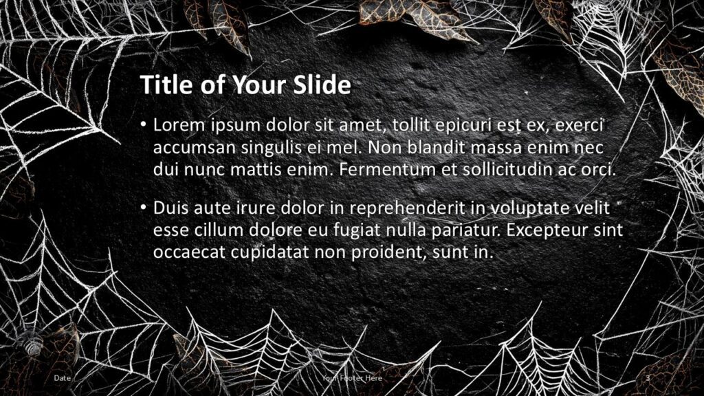 Dark Web Halloween Title and Content Slide Option 2 for PowerPoint & Google Slides Slide design with dense cobwebs and dried leaves on a dark background, perfect for Halloween-themed content presentations.