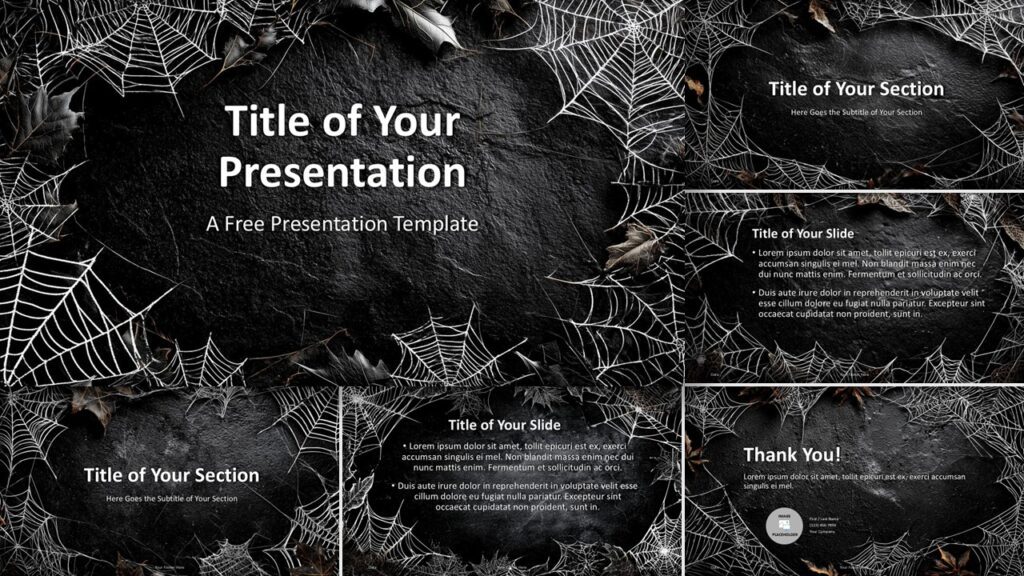 Spooky Halloween-themed template with 6 eerie slide layouts featuring cobwebs and leaves, for PowerPoint and Google Slides.