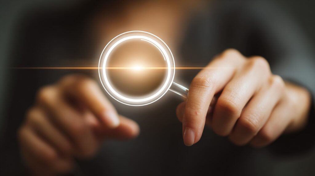 Hand holding a glowing digital magnifying glass, symbolizing modern search and data technology.