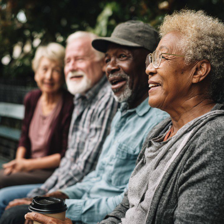 Smiling group of older adults from diverse backgrounds sitting together outdoors.