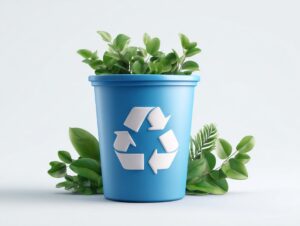 Blue recycling bin with green plants, symbolizing sustainability, eco-friendly living, and environmental protection.