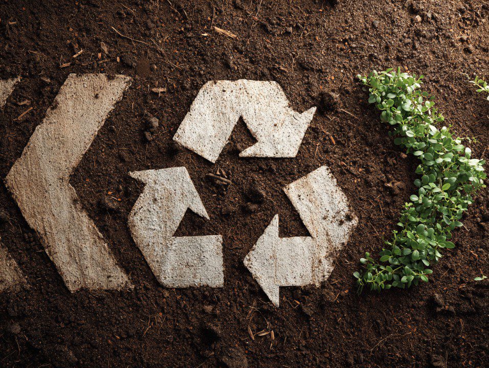 Top-view photo of a white recycling symbol painted on soil with green plants, symbolizing sustainability and environmental care.