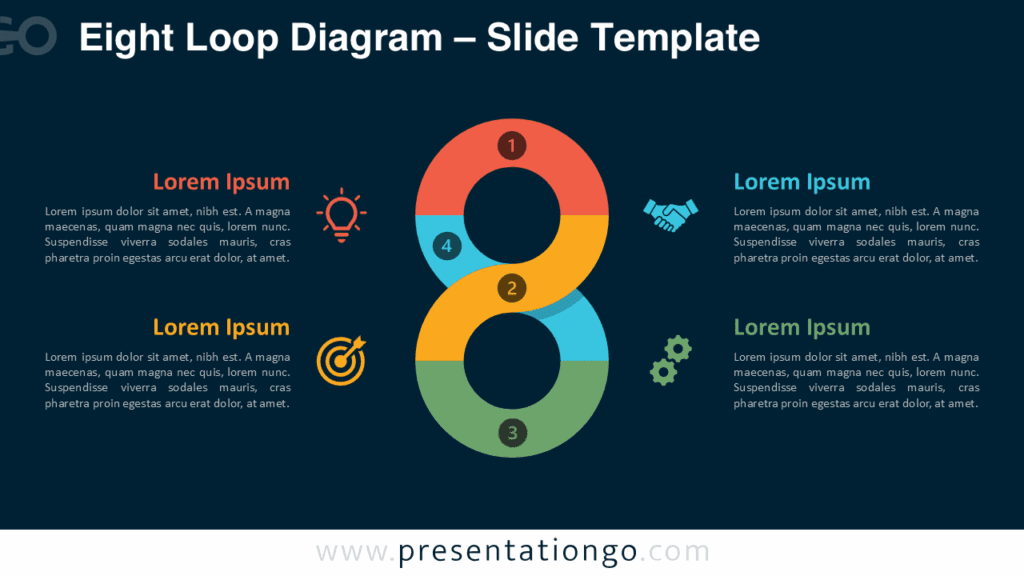 Eight Loop Diagram – Dark Background for PowerPoint & Google Slides Free Eight Loop Diagram PowerPoint template featuring four colorful segments in a continuous loop on a dark theme for Google Slides presentations.