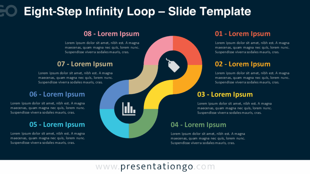 Eight-Step Infinity Loop – Dark Background for PowerPoint & Google Slides Free Eight-Step Infinity Loop PowerPoint template on a dark background features an elegant horizontal loop with eight segments and icon placeholders for Google Slides.