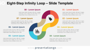 Free Eight-Step Infinity Loop PowerPoint template on a light background displays eight curved, color-coded steps with external text blocks in Google Slides format.