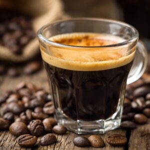 Glass cup of freshly brewed espresso surrounded by roasted coffee beans on rustic wood.