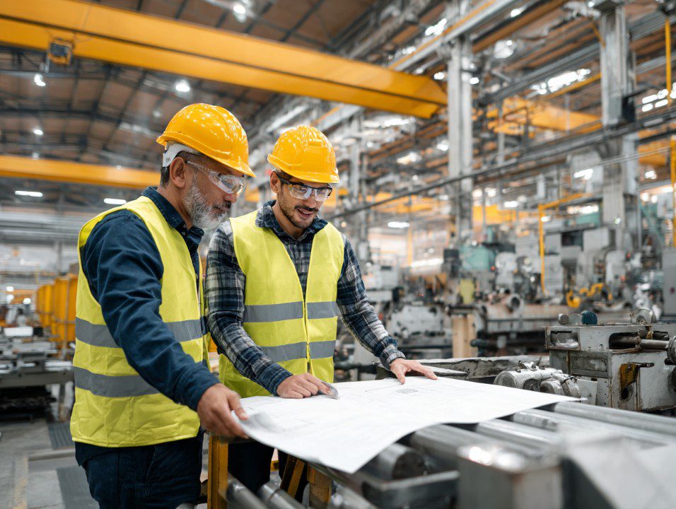 Two workers in safety gear reviewing blueprints inside a manufacturing facility.