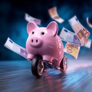Pink piggy bank on wheels racing forward with euro banknotes flying in the background, representing fast financial growth and investments.