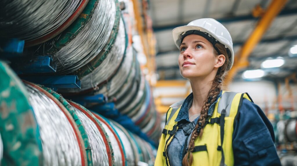 Portrait of a young female engineer wearing a hard hat and high-visibility vest, inspecting industrial wire spools.
