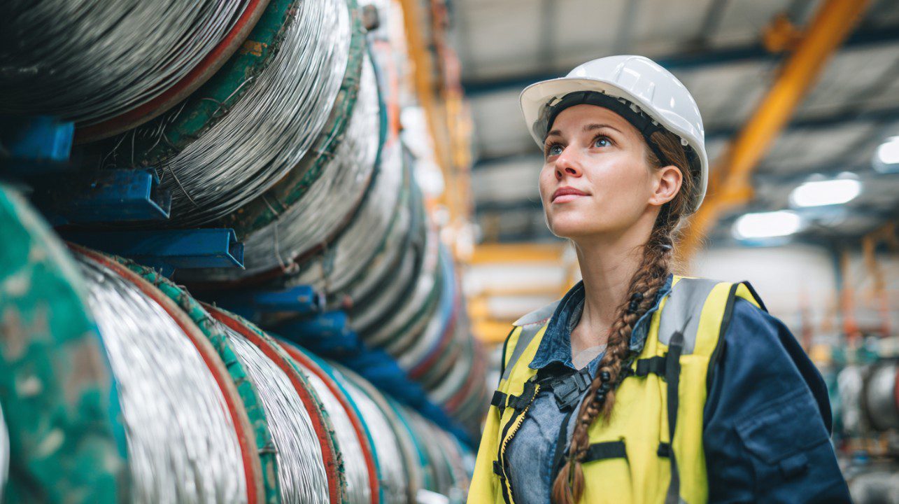 Portrait of a young female engineer wearing a hard hat and high-visibility vest, inspecting industrial wire spools.