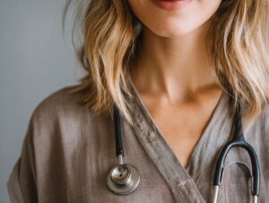 Close-up of a female healthcare professional with a stethoscope around her neck, symbolizing medical care and patient support.