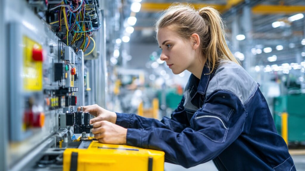 Female industrial worker adjusting controls on manufacturing machinery in a modern factory.