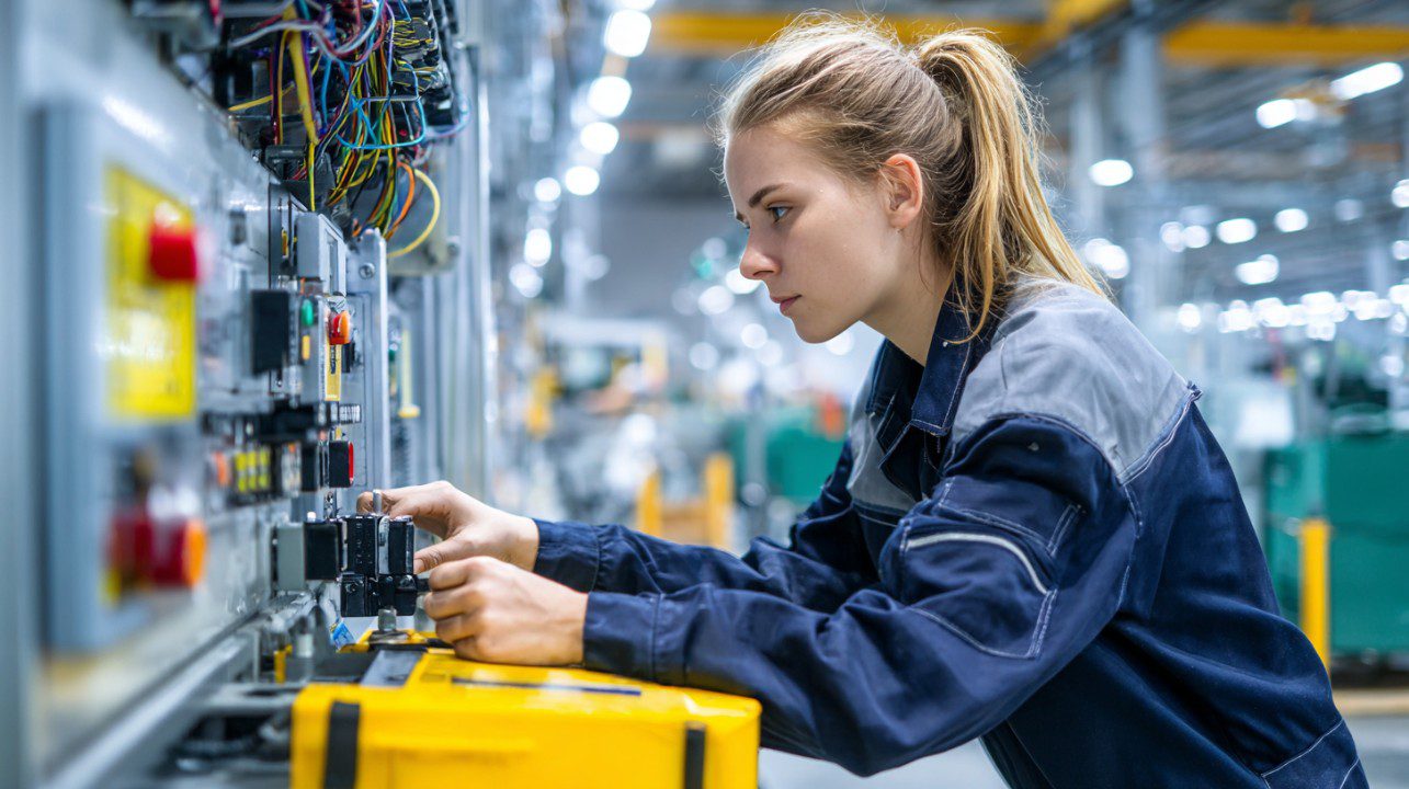 Female industrial worker adjusting controls on manufacturing machinery in a modern factory.