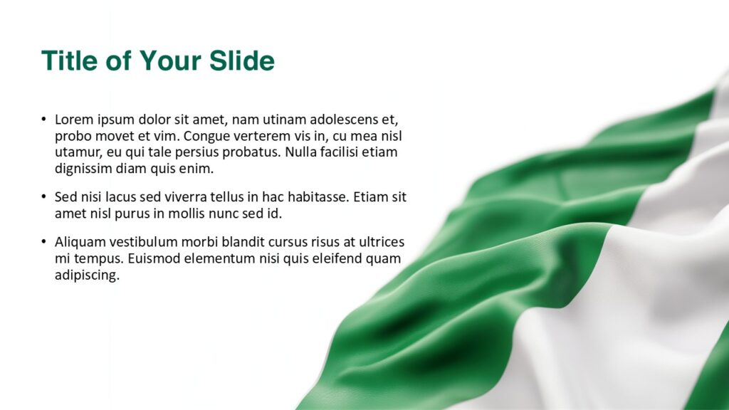 Nigeria Flag Slide for PowerPoint and Google Slides Free Nigeria flag presentation slide for PowerPoint and Google Slides, showing bullet point content on white with a flag accent in the lower corner.