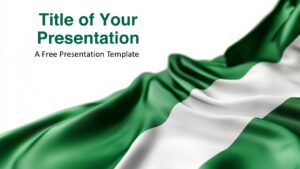 Free Flag of Nigeria template for PowerPoint and Google Slides, featuring a bold green-and-white flag flowing diagonally behind the title area.