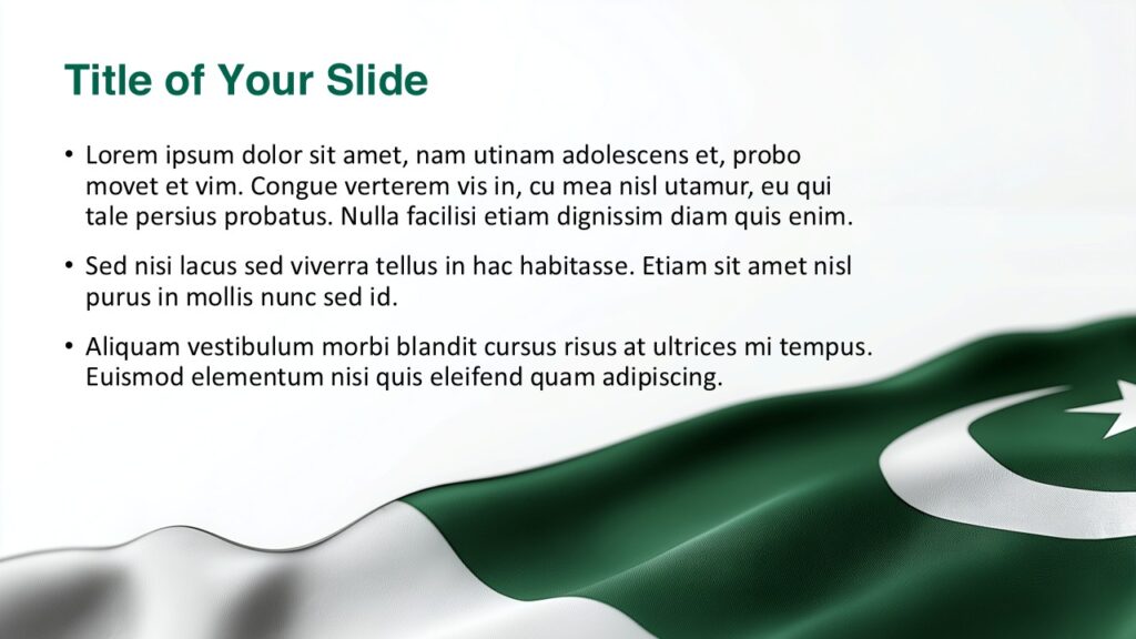 Pakistan Flag Slide for PowerPoint and Google Slides Free Pakistan Flag PowerPoint slide with Google Slides support, combining a small waving flag in the corner with a clear bullet point text layout.
