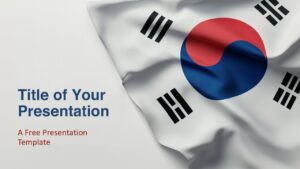 Flag of South Korea Template for PowerPoint and Google Slides with a fabric-textured Taegeukgi on the right and subtitle text in red.