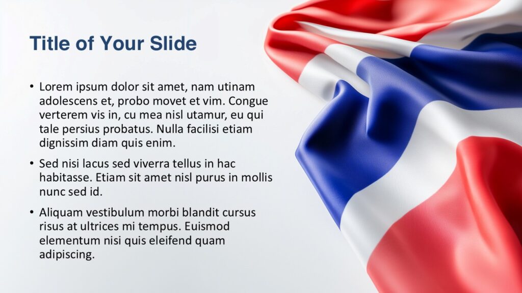 Thailand Flag Slide for PowerPoint and Google Slides Free Thailand flag PowerPoint and Google Slides slide with flag draped on the right and bullet-point content layout on the left.