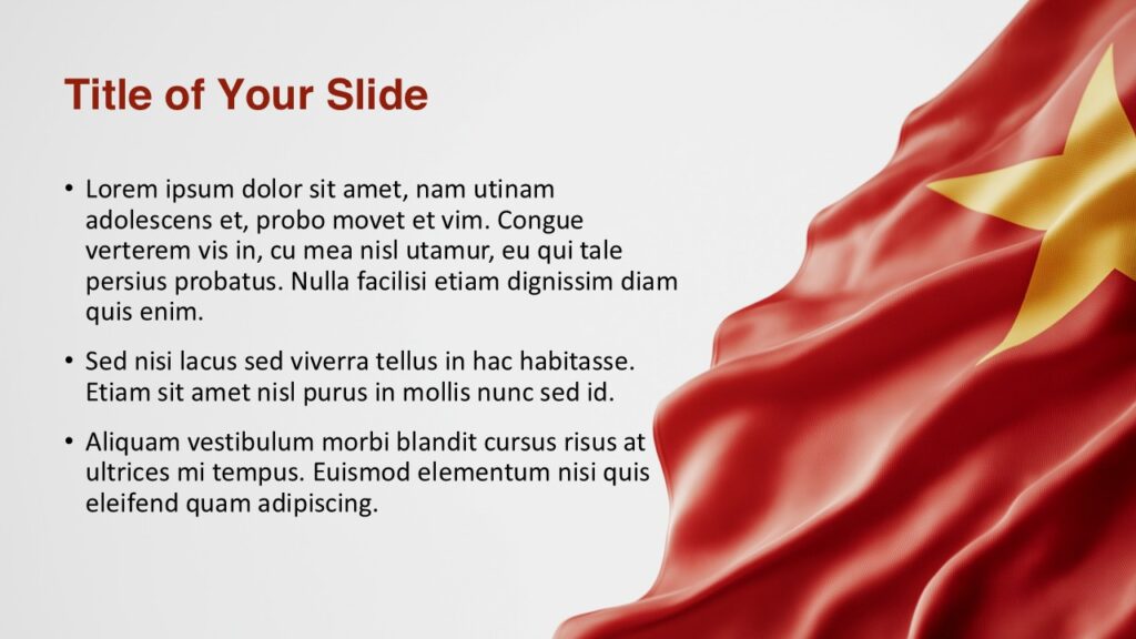 Vietnam Flag Slide for PowerPoint and Google Slides Free Vietnam Flag Google Slides and PowerPoint slide with diagonal flag design at the bottom right, red title text, and three content bullet points.