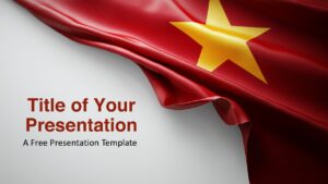Free Flag of Vietnam presentation template for Google Slides and PowerPoint, featuring a realistic red flag with a yellow star and open text space.