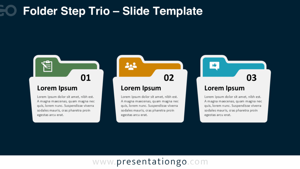 Folder Step Trio – Dark Background for PowerPoint & Google Slides Free Folder Step Trio PowerPoint template with a dark background, showcasing three colorful folders with icons and step numbers for Google Slides.