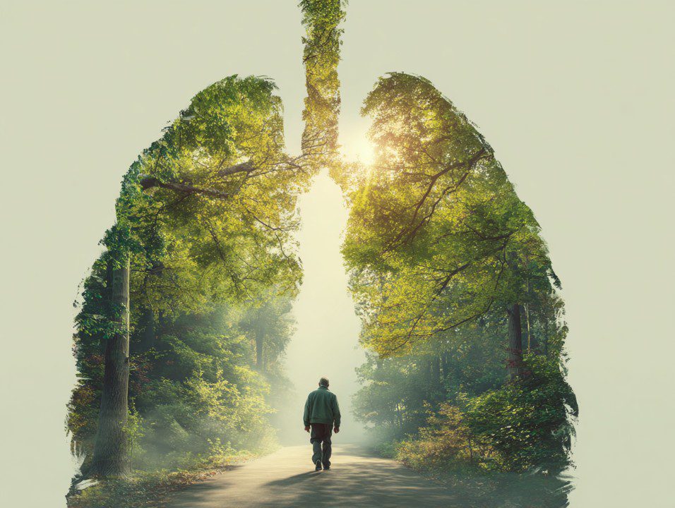 Artistic double exposure of a person walking in a forest shaped like human lungs, representing environmental and respiratory health.