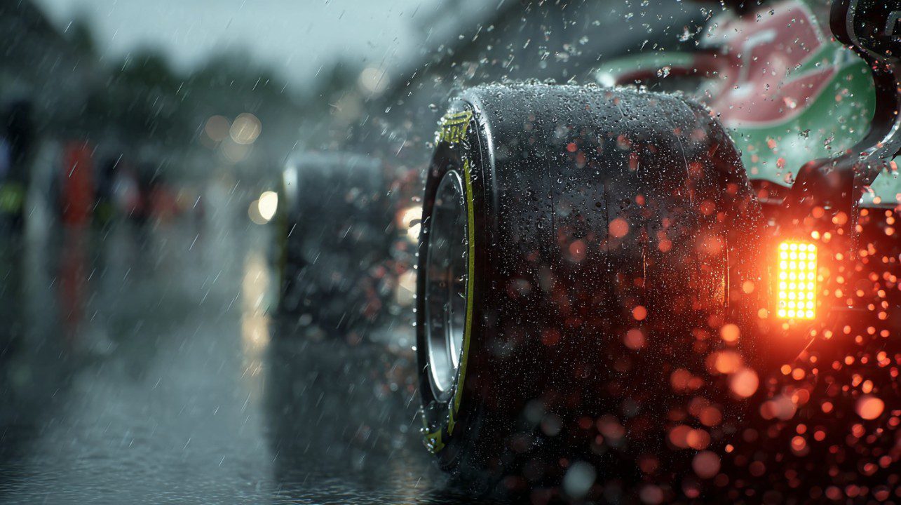 Close-up of Formula 1 car tire in heavy rain during a race, with water droplets and reflections.
