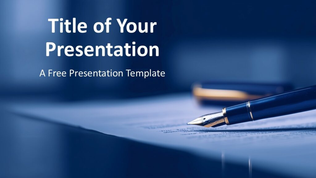 Fountain Pen Cover Slide for PowerPoint & Google Slides Cover slide featuring a close-up fountain pen on a document background, with title and subtitle text aligned to the left.