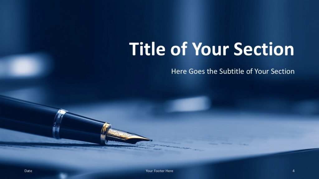 Fountain Pen Section Slide Option 1 for PowerPoint & Google Slides Divider slide with a centered horizontal pen and title on the right, designed for introducing new sections professionally.