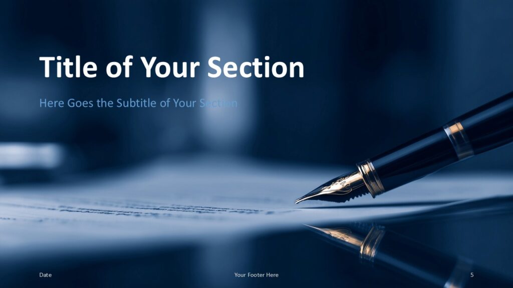 Fountain Pen Section Slide Option 2 for PowerPoint & Google Slides Slide showing a diagonal fountain pen from top right to lower left, with centered section title and minimalist design.