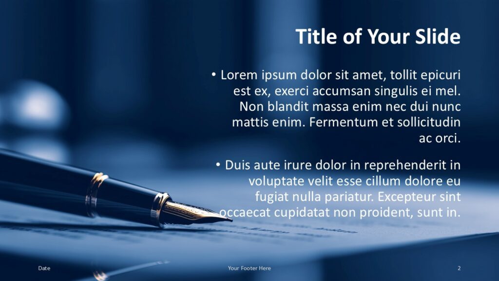 Fountain Pen Title and Content Slide Option 1 for PowerPoint & Google Slides Slide layout with text on the right and a fountain pen angled from the bottom left, ideal for bullet points or key topics.