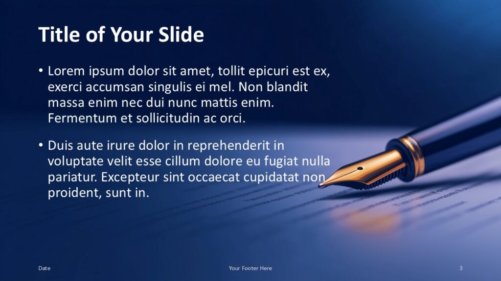 Fountain Pen Title and Content Slide Option 2 for PowerPoint & Google Slides Alternative content slide with text on the left and a gold-nib pen from the lower right corner, for secondary explanations.