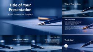 Widescreen view of the fountain pen template for PowerPoint and Google Slides, showing formal slide layouts and refined visuals.